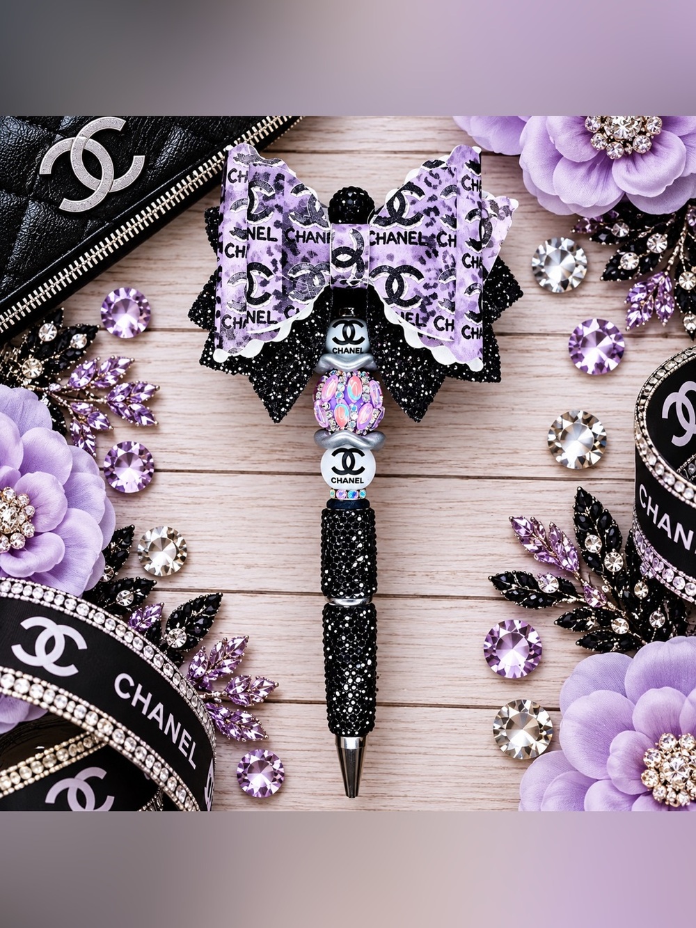 Fashion CC Black & Purple Bow Rhinestone Beaded Twist Pen